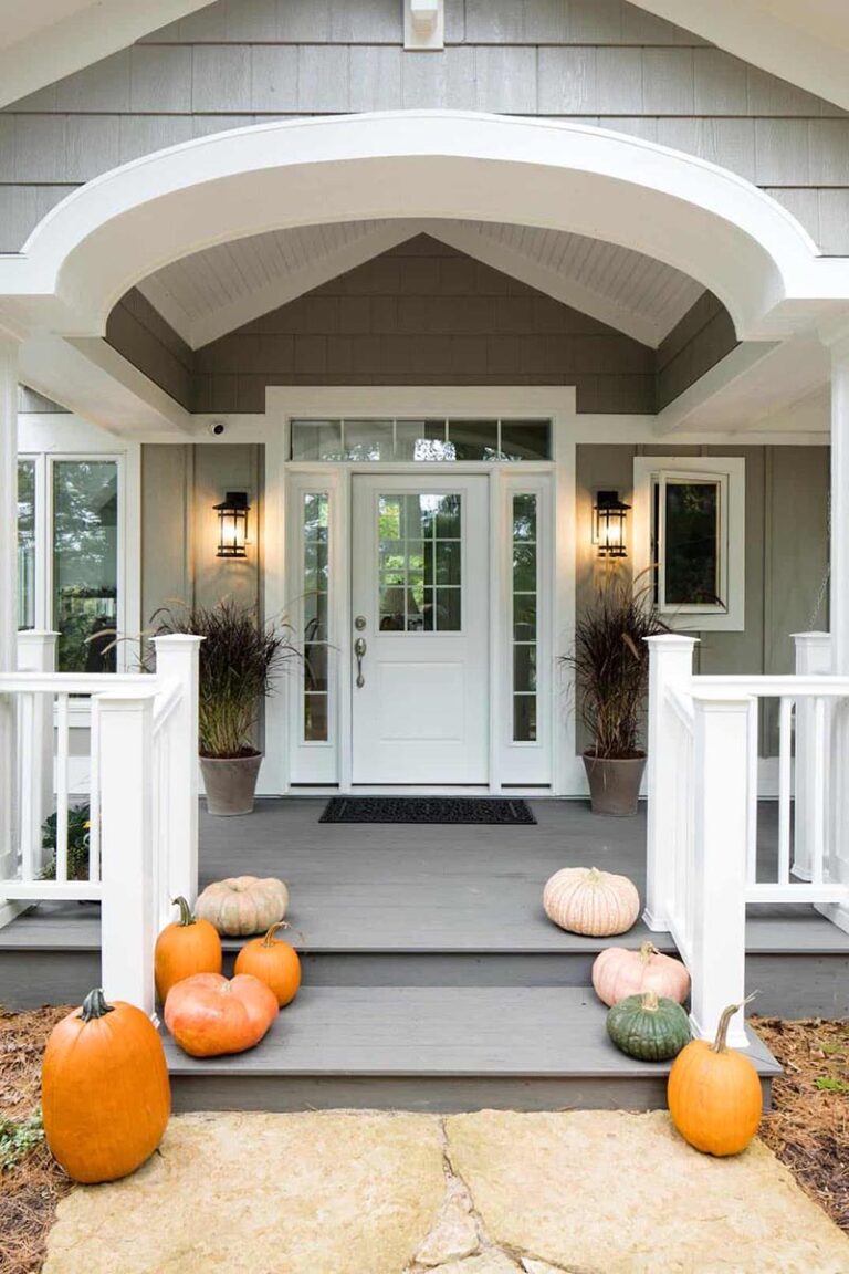 Front view of porch in Silver Maple by TimberTech.