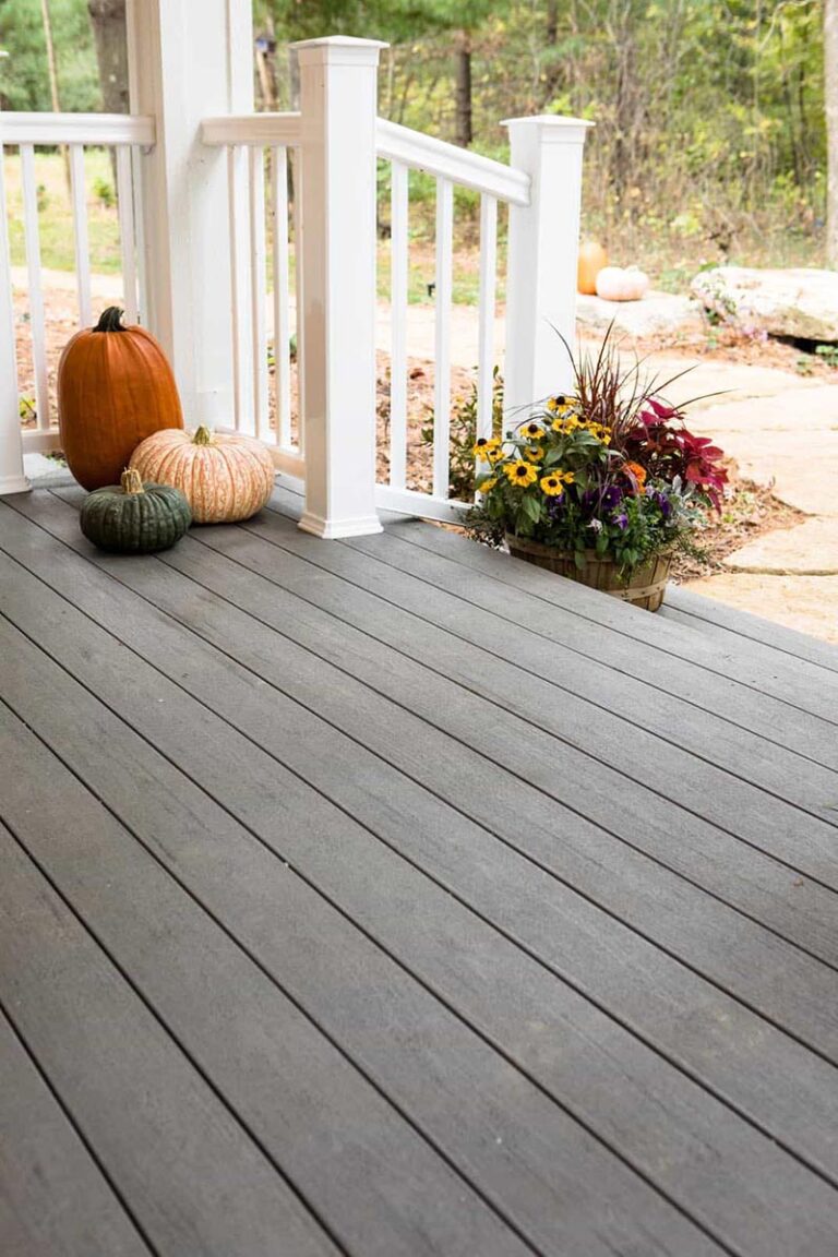 Porch with pumpkins and flower on Terrain Collection by TimberTech.