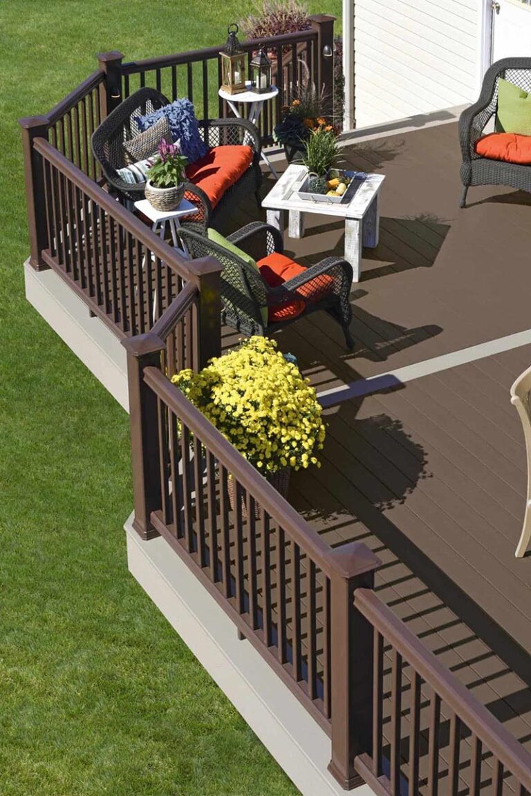 Top view of unique shaped deck using Terrain Collection by TimberTech.