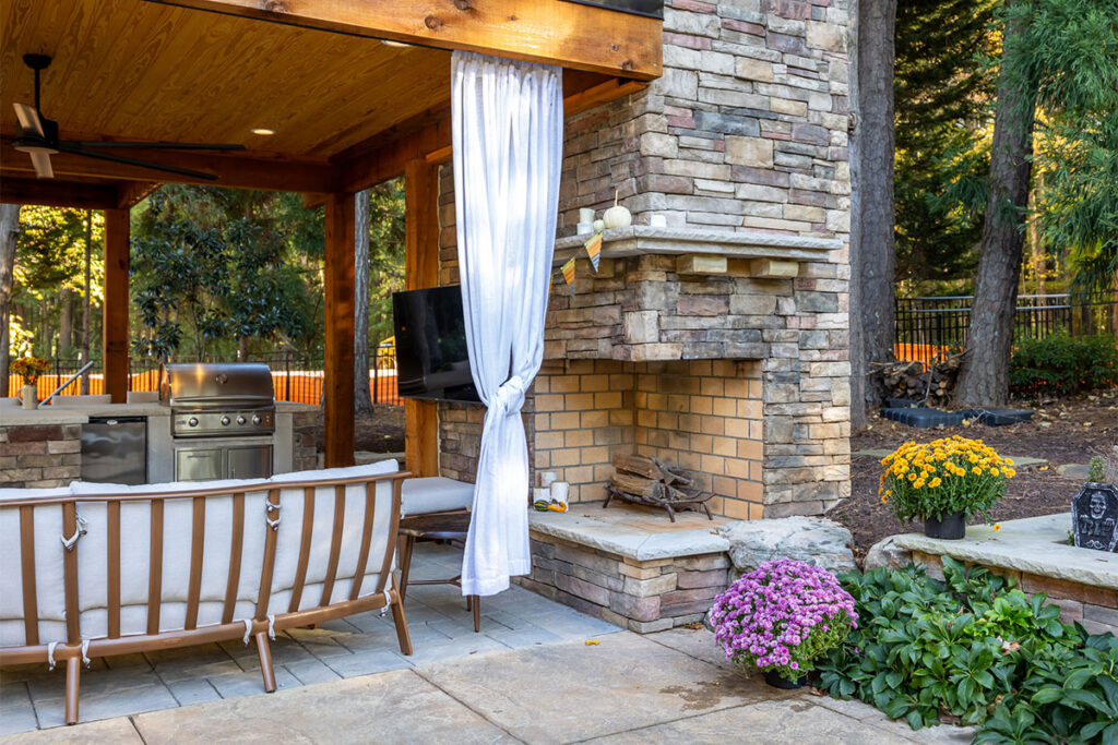 Corner view of Trenton Woods fire places showing the pavilion's curtain.