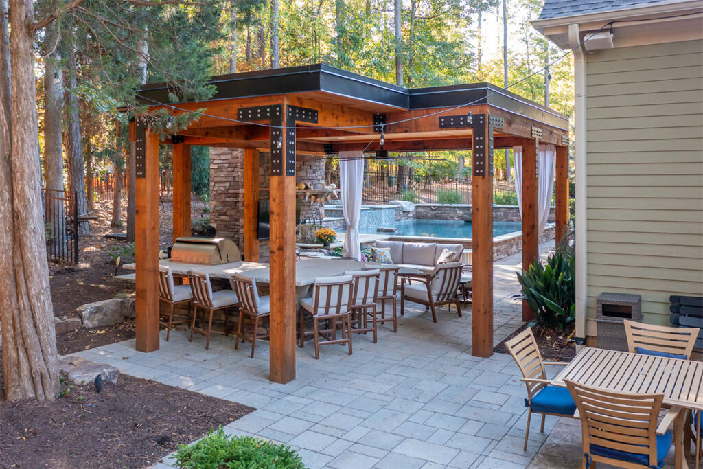 Wide shot of pavilion custom built by Setting Sun Patio and Decks.