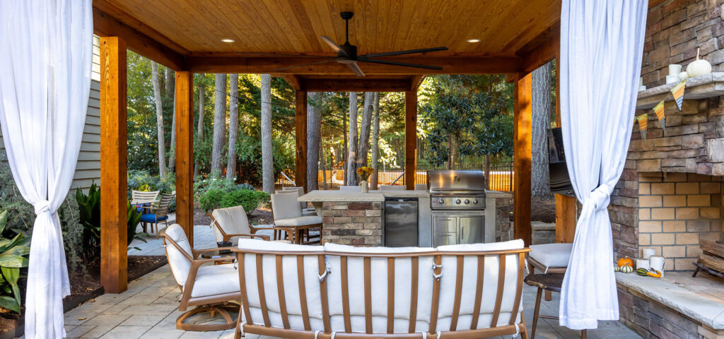 Panoramic shot of pavilion interior custom built by Setting Sun Patio and Decks.