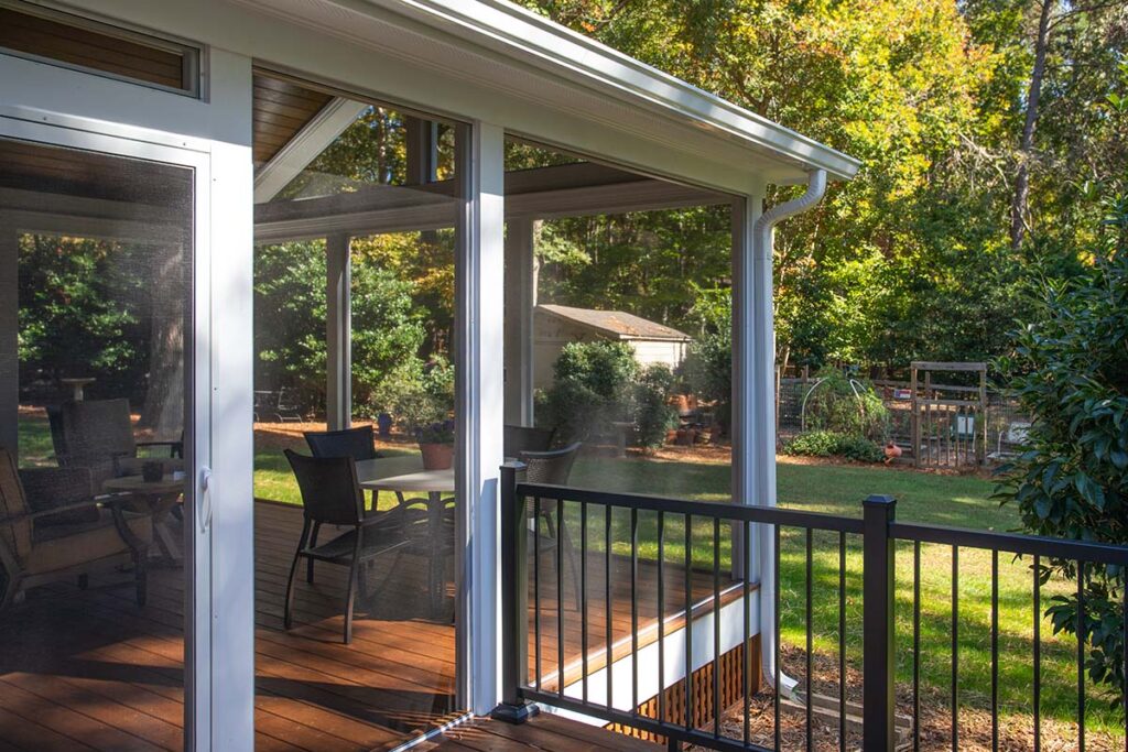 Exterior close up of composite deck of the Coachmans Way project, looking toward the backyard.