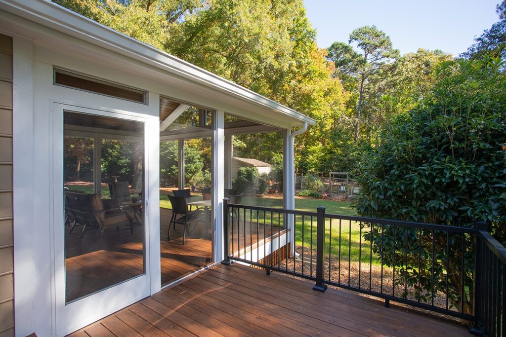 Exterior close up of composite deck of the Coachmans Way project, looking toward the backyard.