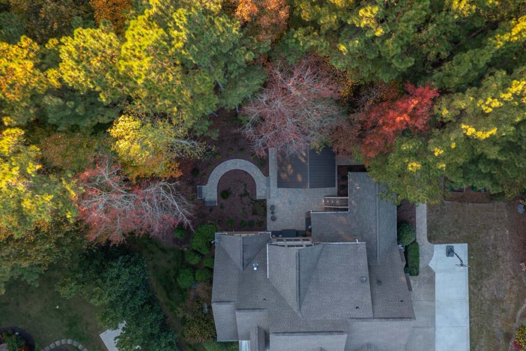 Zoomed out aerial shot of Colvard Park showing walkway and pavilion.