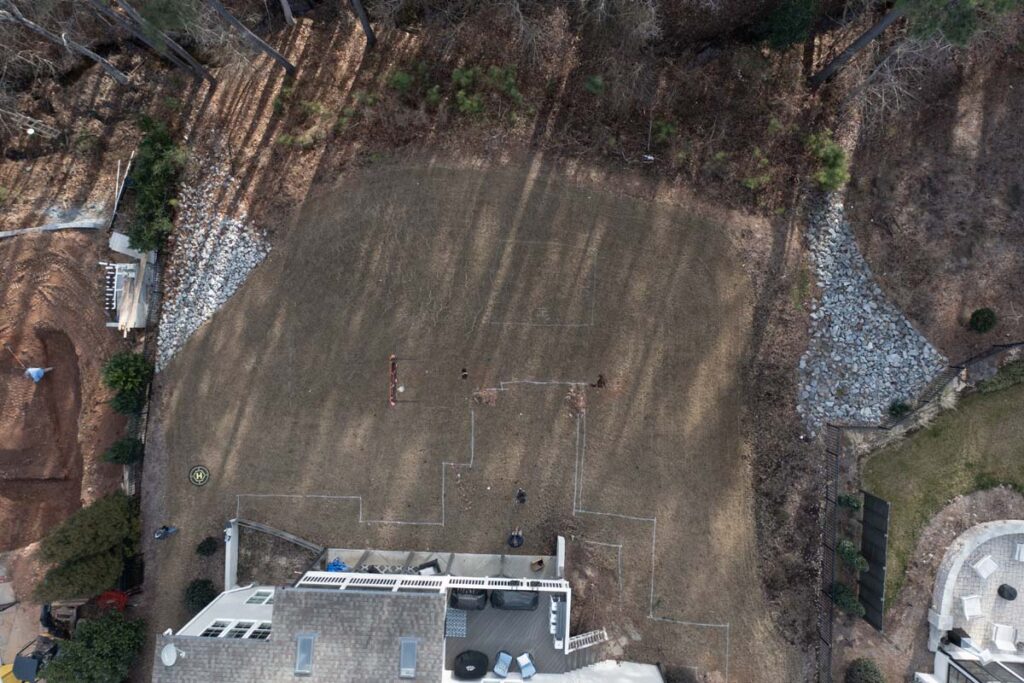 Zoomed out aerial view of planning of Roseroot, having future patio marked.