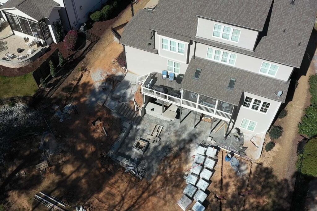 Top corner aerial view of in progress of Roseroot with backyard being graded.