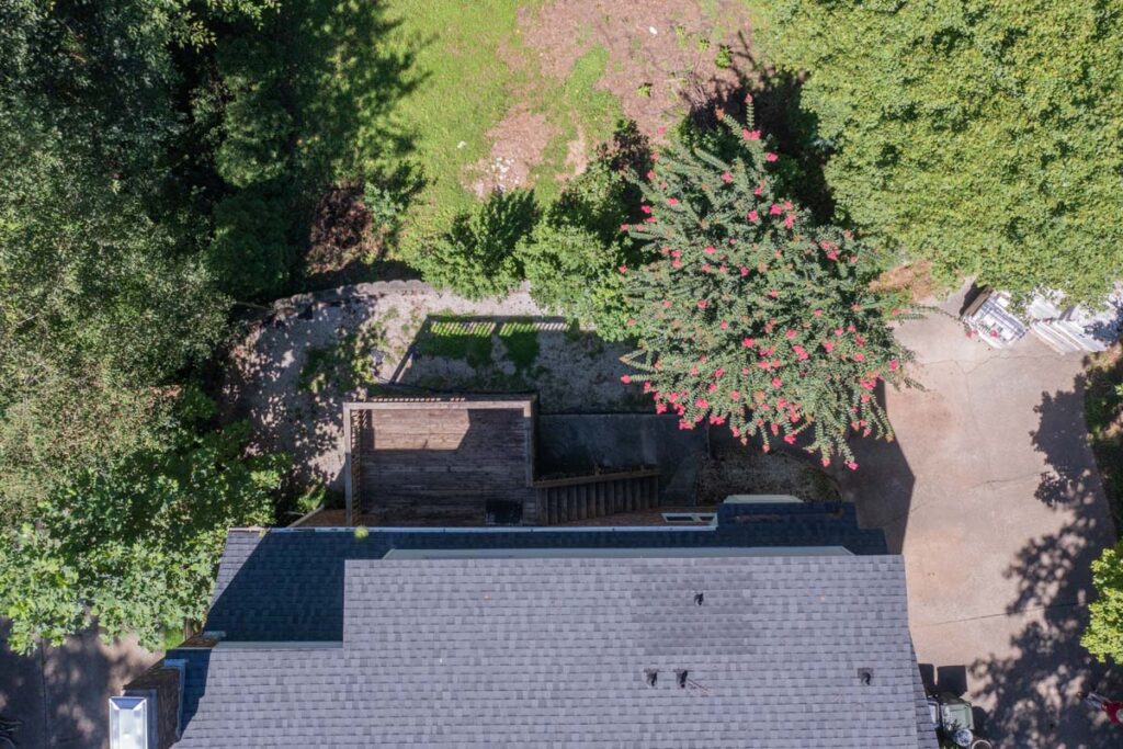 Aerial view of initial retaining wall and wooden deck of Rushing Brook.