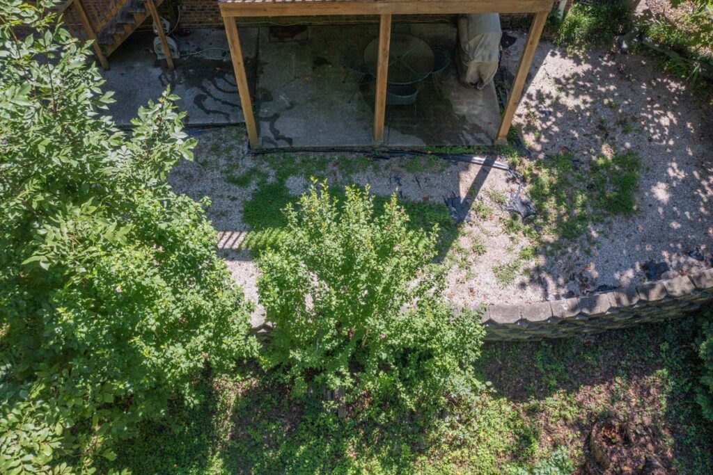 Aerial view of initial retaining wall and wooden deck of Rushing Brook.