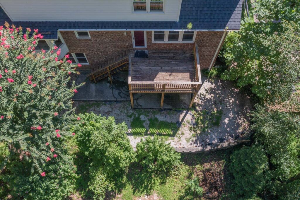 Drone view of initial retaining wall and wooden deck of Rushing Brook.