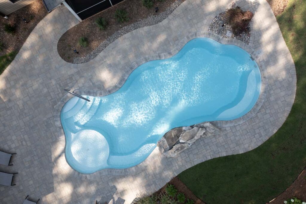 Top view Swann Trail project featuring custom-built firepit and pool.