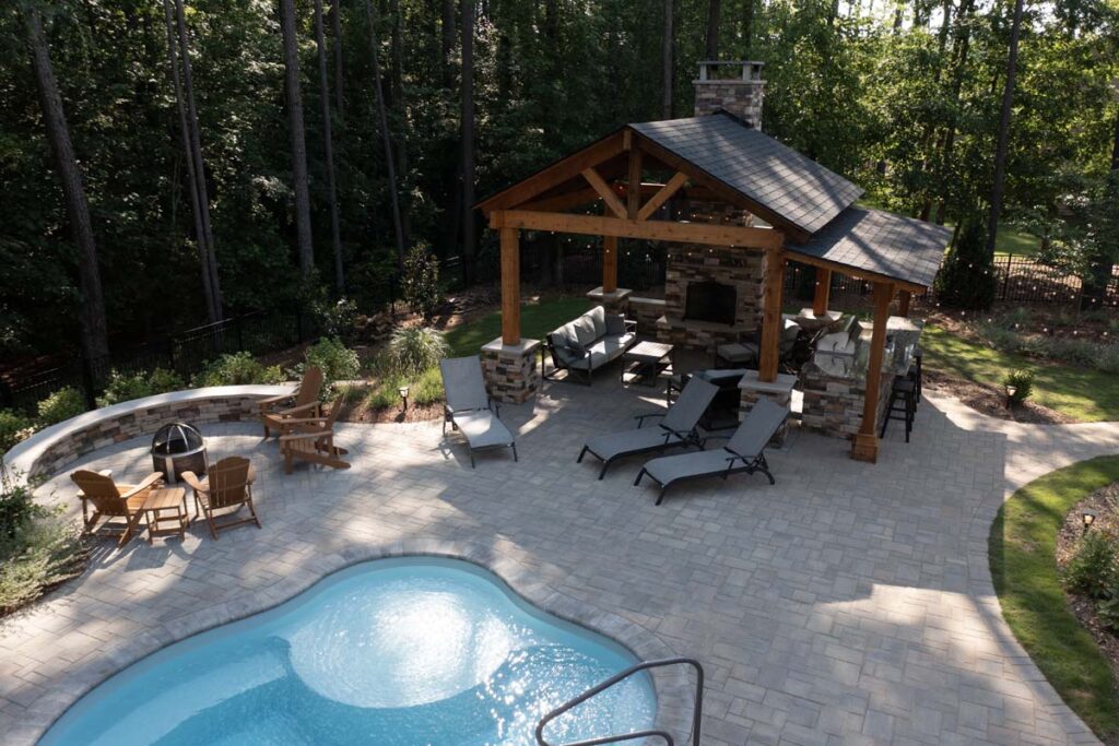 Top view of Swann Trail project featuring custom-built pavilion, firepit, and pool.