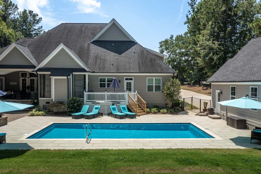 Vinson home featuring custom built pool and its surrounds using Techo-Bloc patio pavers.