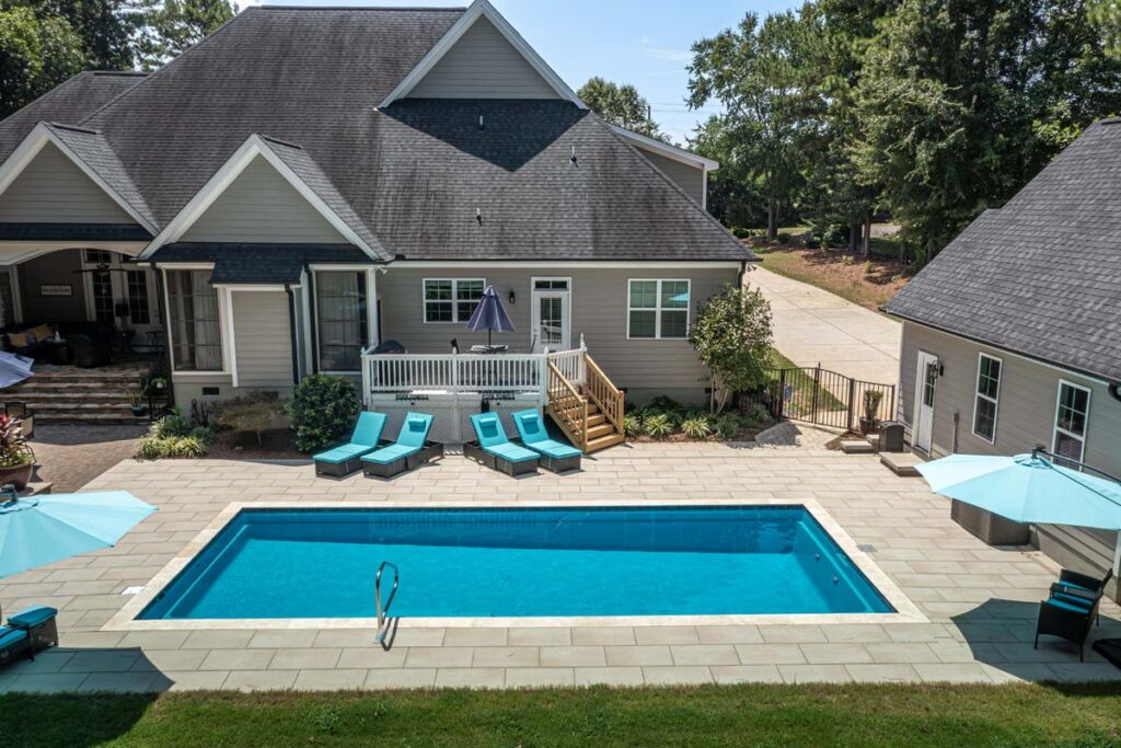 Top view Vinson home featuring custom built pool using Techo-Bloc patio pavers.