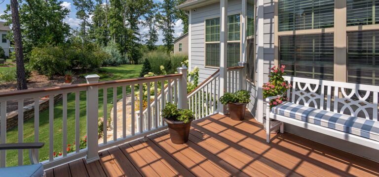 Panoramic shot underneath Silver Dew deck with pergola roofing.