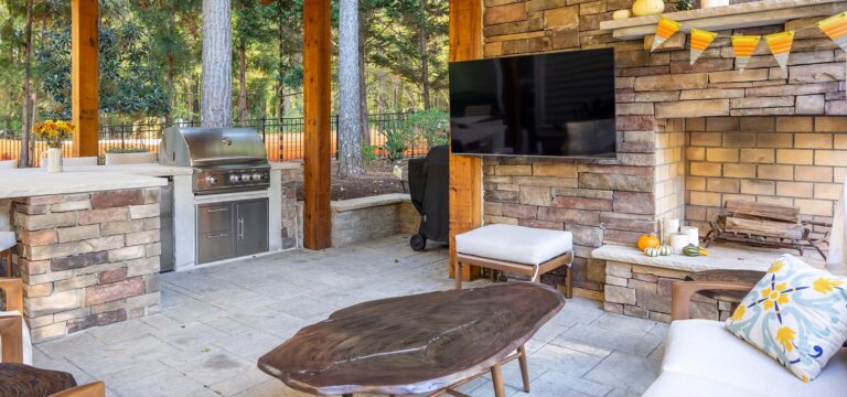 Trenton Woods outdoor kitchen inside custom pavilion.