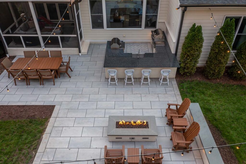 Overhead drone view of Skybrook Oaks featuring patio, and outdoor kitchen.