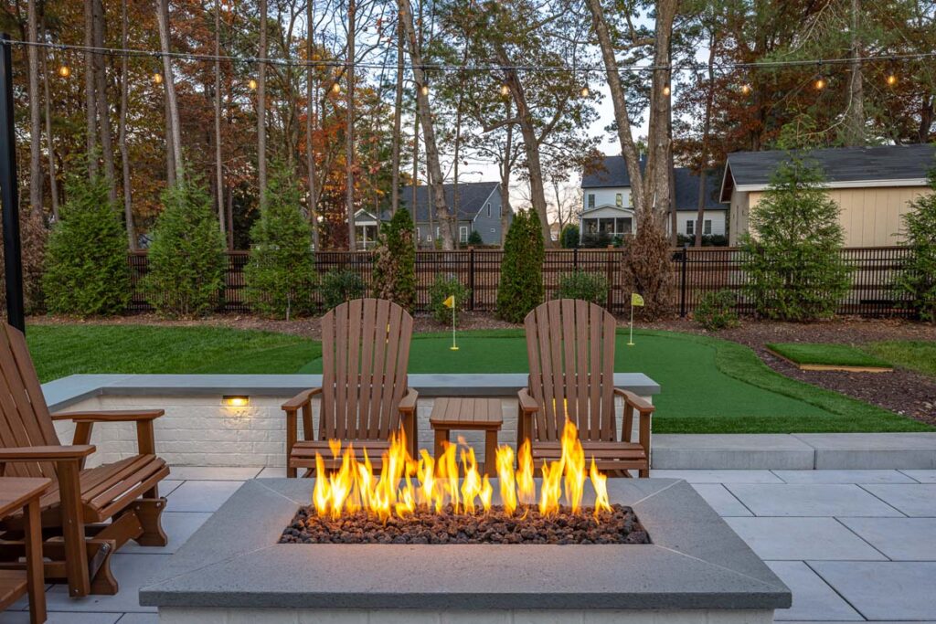 Close up of Skybrook fire pit, facing mini golf area.